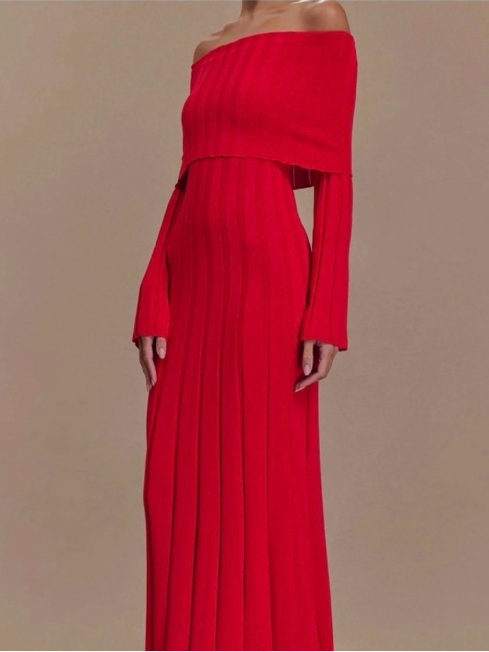Meshki Off-Shoulder Ribbed Red Maxi Dress